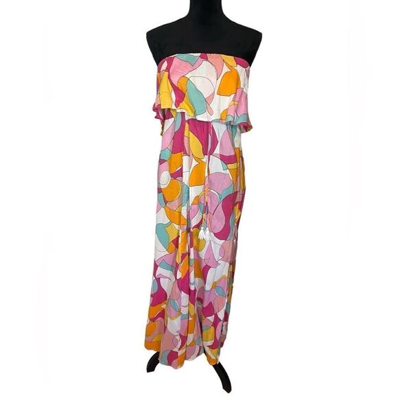 NWT JAPNA STRAPLESS MAXI DRESS FLUTTER TOP GEOMETRIC SUMMER PRINT WOMEN XS - Picture 6 of 12